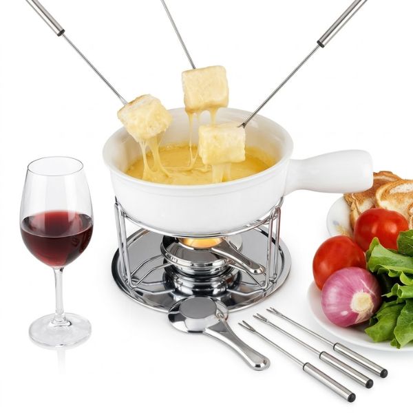 Keramické fondue set Gusta Bílé – na sýr i čokoládu, včetně kahanu a vidliček 
